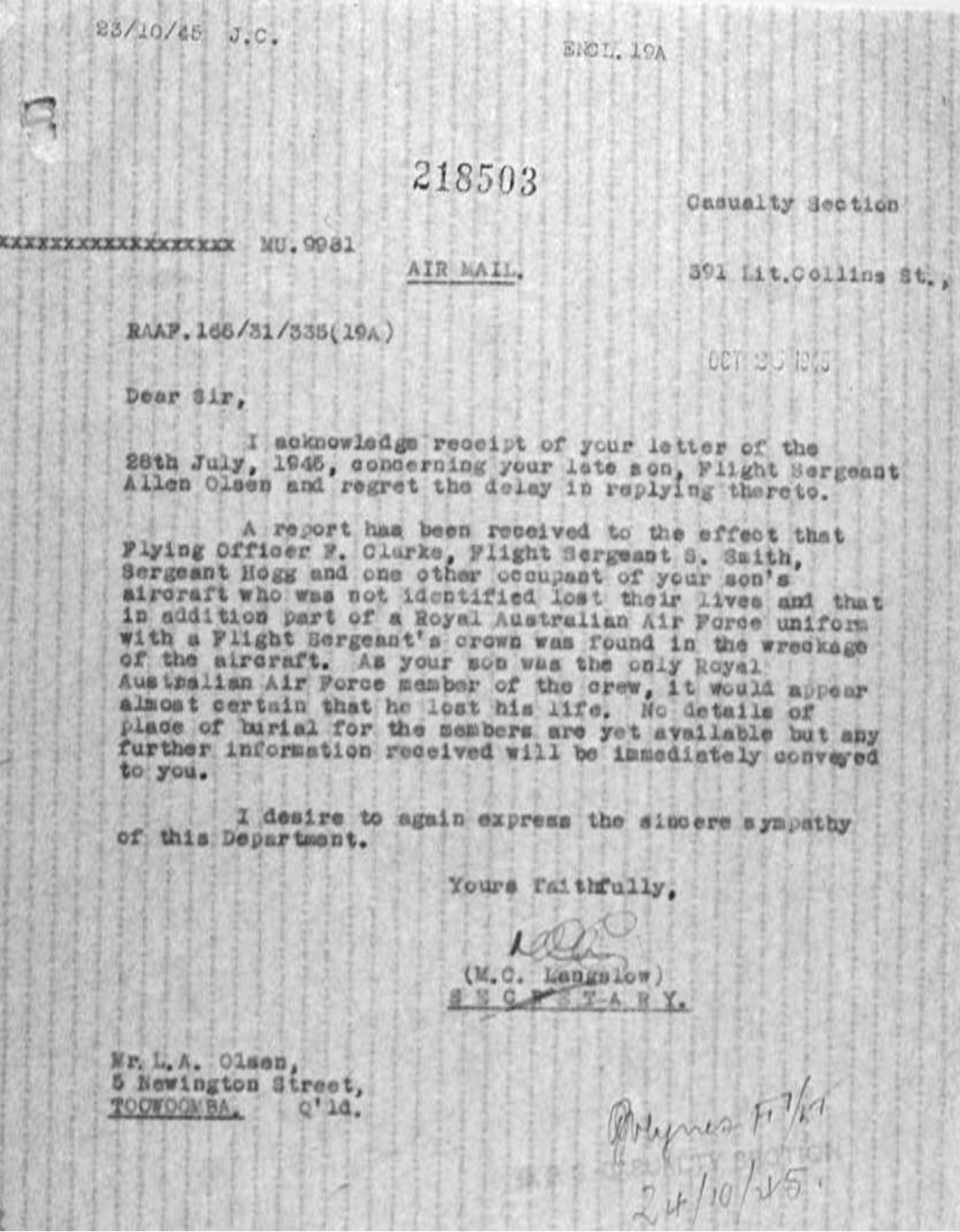 Brief aan vader Olsen van RAF en Onderzoeksrapport 2 NN775 na de crash